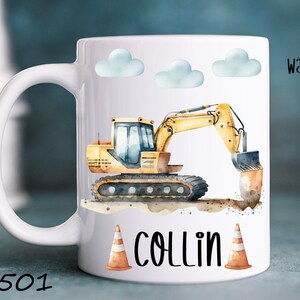 Baustelle Tasse, Bagger, Kran, Lastwagen, Keramik, Kunststofftasse Emaille Becher Wunschname, personalisiert, Geschenk, Kindergarten Büro Bild 3