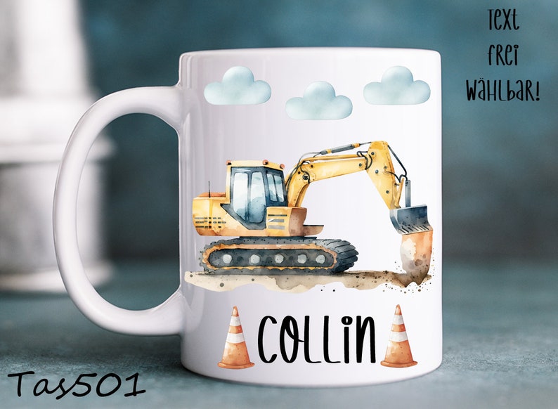 Baustelle Tasse, Bagger, Kran, Lastwagen, Keramik, Kunststofftasse Emaille Becher Wunschname, personalisiert, Geschenk, Kindergarten Büro Bild 3