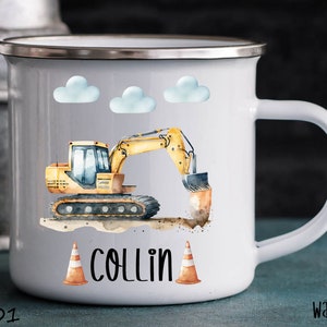 Baustelle Tasse, Bagger, Kran, Lastwagen, Keramik, Kunststofftasse Emaille Becher Wunschname, personalisiert, Geschenk, Kindergarten Büro Bild 2