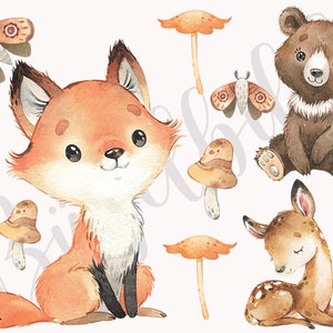 Könnte beinhalten: Eine Aquarell-Illustration eines Fuchses, eines Bären, eines Rehs und Pilzen. Die Tiere sitzen alle und haben süße Gesichtsausdrücke. Es gibt auch Schmetterlinge im Bild.