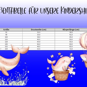 Pu&ograve; includere: Grafica blu con il testo "GR&Ouml;BENTABELLE F&Uuml;R UNSERE KINDERSHIRTS" e una tabella delle taglie per le magliette per bambini. La tabella include misure in centimetri. Sono presenti anche balene e una mongolfiera.