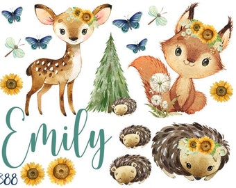 Vinyl stickers deer and squirrel, stickers with name, hedgehog, flower stickers, stickers for cars, washable stickers for boys and girls, books,