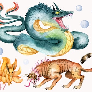 Könnte beinhalten: Aquarell-Illustration von drei Fabelwesen: einem grünen und gelben Drachen mit roten Flammen, einem neunschwänzigen orangefarbenen Fuchs und einem braunen und orangefarbenen leopardenartigen Wesen mit rosa Fell.
