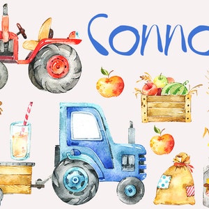 Könnte beinhalten: Aquarell-Illustration einer Farmszene mit zwei Traktoren, einem Korb mit Äpfeln, einem Sack Getreide, einem Milchkanister und dem Namen "Connor" in Blau.