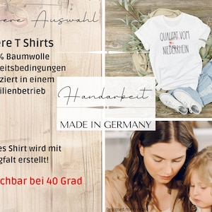Pu&ograve; includere: T-shirt bianca con la scritta "QUALITAT VOM NIEDERRHEIN" e un piccolo motivo floreale. La maglietta &egrave; abbinata a jeans blu e scarpe da ginnastica bianche. L'immagine include anche testo in tedesco sulle magliette.