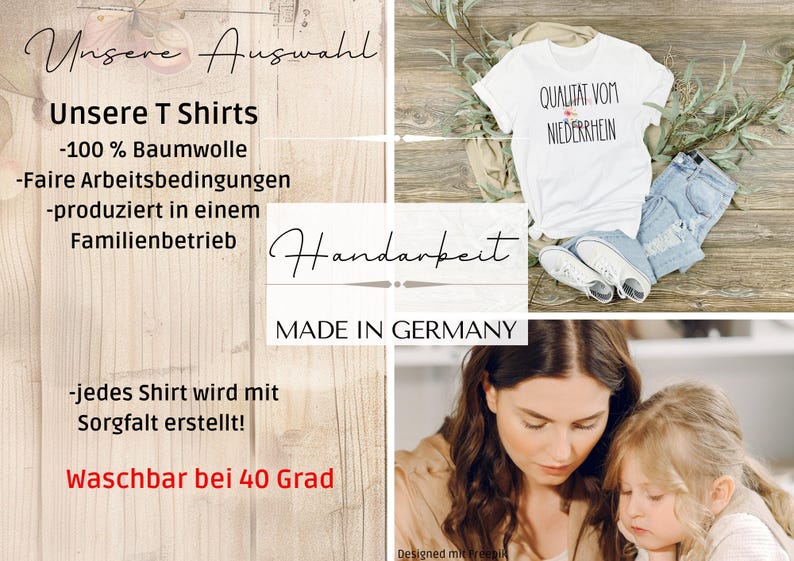 Pu&ograve; includere: T-shirt bianca con la scritta "QUALITAT VOM NIEDERRHEIN" e un piccolo motivo floreale. La maglietta &egrave; abbinata a jeans blu e scarpe da ginnastica bianche. L'immagine include anche testo in tedesco sulle magliette.