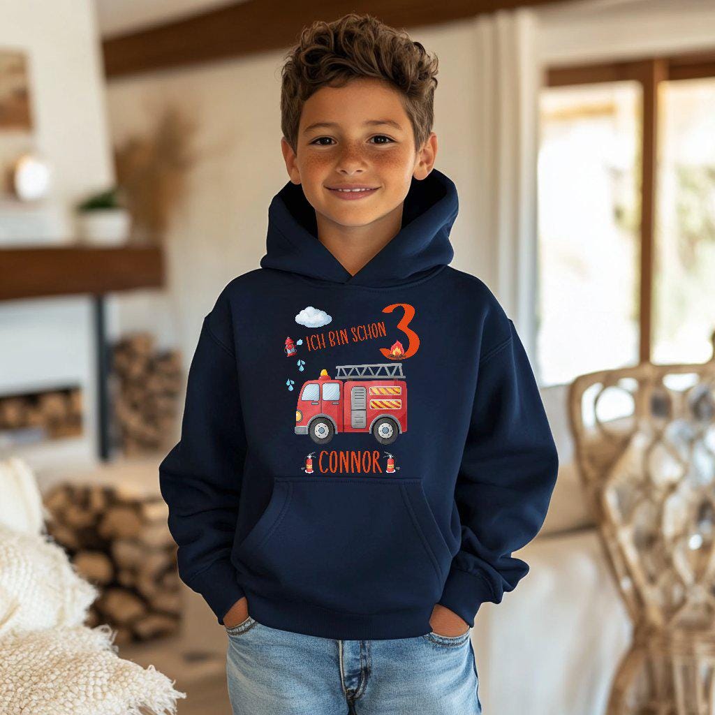 Sweat à Capuche Enfant Imprimé Camion De Pompier - Tendance Décontracté, Poche Avant - Pour Garçons Et Filles 3T-14 Ans