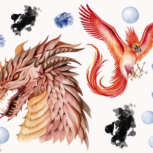 Könnte beinhalten: Aquarell-Illustration eines roten Phönix und eines braunen Drachenkopfes mit blauen und schwarzen Aquarellspritzern im Hintergrund.