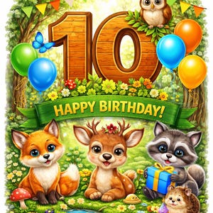 Könnte beinhalten: Bunte Illustration zum zehnten Geburtstag. Mit einer Holz-Zahl 10, Luftballons und Waldtieren wie Fuchs, Reh, Waschbär, Eule und Igel. Die Worte "HAPPY BIRTHDAY!" stehen auf einem grünen Banner.