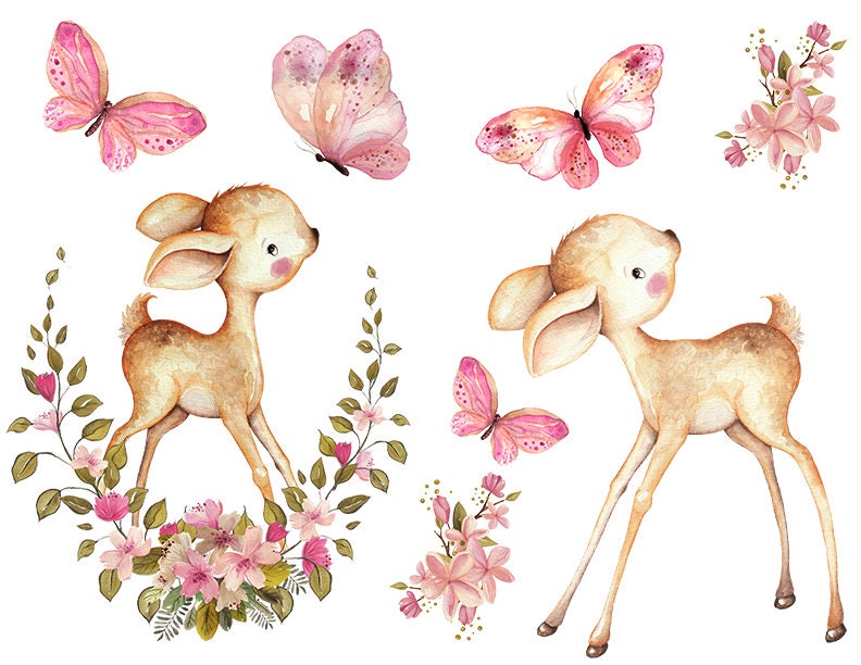 Vinyl Sticker Reh, Sticker Rehkitz, Schmetterlinge Sticker, Kitz Sticker,abwaschbar, für Auto, Bücher, Fenster, A4 oder A5,