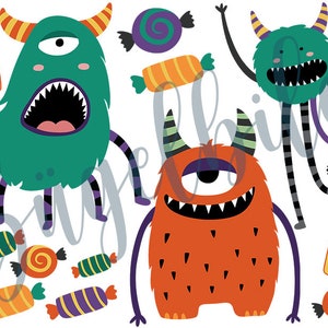 Könnte beinhalten: Drei Cartoon-Monster mit jeweils einem Auge, eines grün, eines orange und eines blau, mit Süßmais und Spiralbonbons drumherum.