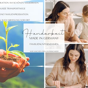 Pu&ograve; includere: Un collage di immagini con una pianta tenuta in mano, una madre e un bambino, e il testo "Handarbeit MADE IN GERMANY". Le immagini sono su uno sfondo blu e bianco. Il testo include anche "Familienunternehmen" e "Wir machen den Unterschied!"