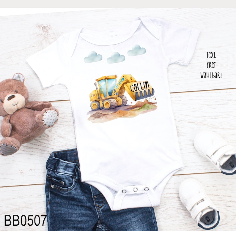 T Shirt Bagger Baustelle, Auto, Kran, Lastwagen, Baby Body, Kindergarten, Wasserfarben, Namenstag, Wunschname, personalisiert, Geschenk Bild 2