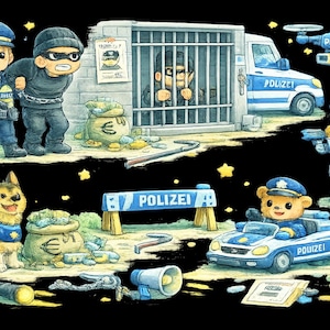 Könnte beinhalten: Verspielte Illustration zum Thema Polizei. Sie zeigt Polizisten, ein Polizeiauto, ein Gefängnis, einen Hund und einen Roboter. Das Bild enthält einen Räuber, Geldsäcke und eine Drohne. Das Wort "Polizei" ist sichtbar.