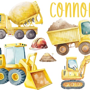 Könnte beinhalten: Eine Aquarell-Illustration von Baufahrzeugen, darunter ein Betonmischer, ein Kipplaster, ein Bagger und ein Radlader. Die Fahrzeuge sind gelb und haben schwarze Räder. Die Illustration enthält auch einen braunen Erdhaufen und einen gelben Helm. Der Text "Connor" ist oben im Bild in Gelb geschrieben.
