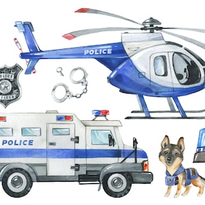 Polizei Bügelbild Helikopter Polizeiauto Sirene, Vinylsticker oder Stoffpatch, Transfer für Helle und Dunkle Textilien, DIY T Shirt, Basteln