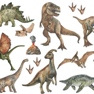 Könnte beinhalten: Aquarellillustrationen verschiedener Dinosaurier, darunter ein Stegosaurus, Tyrannosaurus Rex und Brachiosaurus. Das Bild zeigt auch einen Triceratops-Schädel, einen Vulkan und Dinosaurier-Fußabdrücke. Die Dinosaurier sind in Grün-, Braun- und Beigetönen dargestellt.