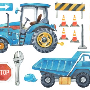 Könnte beinhalten: Eine Aquarell-Illustration eines blauen Traktors, eines blauen Kipplastwagens, eines Stoppschildes, eines Schraubenschlüssels, eines Bauhelms und von Baustellenkegeln. Die Illustration ist auf weißem Hintergrund.