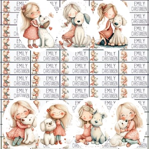 Name stickers, school stickers, little girl and dog, labels with name, personalized, girl, NA5