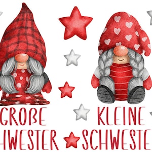 Könnte beinhalten: Zwei Aquarell-Zwerge mit roten Mützen und weißen Zöpfen. Der Zwerg links trägt eine rot-weiß karierte Mütze und ein rotes Kleid mit weißen Punkten. Der Zwerg rechts trägt eine rote Mütze mit weißen Herzen und ein rot-weiß gestreiftes Kleid. Der Text "GROBE SCHWESTER" befindet sich unter dem linken Zwerg und "KLEINE SCHWESTER" unter dem rechten Zwerg.