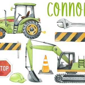 Könnte beinhalten: Eine Aquarell-Illustration zum Thema Bau mit einem grünen Traktor, einem Bagger, einem Stoppschild, Verkehrskegeln und einem Schraubenschlüssel. Der Text "Connor" ist in grünen Buchstaben oben im Bild geschrieben.