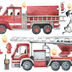 Könnte beinhalten: Aquarell-Illustration von zwei roten Feuerwehrautos mit Leitern, einem Dalmatiner, einem Hydranten, einer Feuerwehrmannmütze, einem Feuerlöscher und einem Megaphon. Die Illustration ist auf weißem Hintergrund.