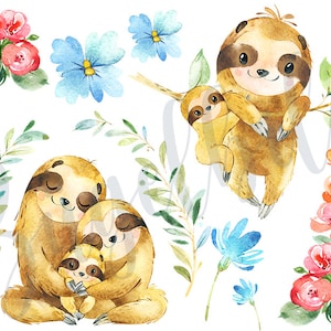 Könnte beinhalten: Aquarell-Illustration von zwei Faultierfamilien. Die erste Familie ist eine Mutter und ein Vater Faultier, die ihr Baby Faultier halten. Die zweite Familie ist eine Mutter Faultier, die ihr Baby Faultier hält. Beide Familien sind von grünen Blättern und blauen Blumen umgeben.