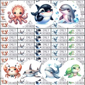 May include: A selection of stickers showcasing marine life such as an octopus, killer whale, dolphin, crab, shark, whale, and turtle. Each sticker includes the name "EMILY CHRISTIANSEN".