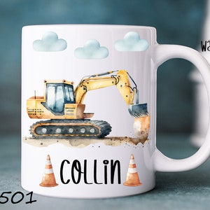 Baustelle Tasse, Bagger, Kran, Lastwagen, Keramik, Kunststofftasse Emaille Becher Wunschname, personalisiert, Geschenk, Kindergarten Büro Bild 4