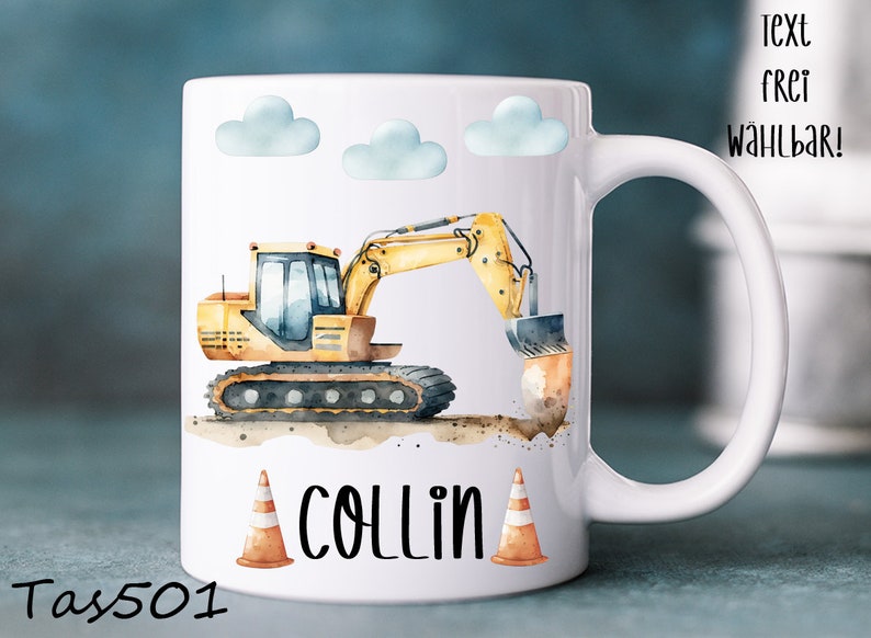 Baustelle Tasse, Bagger, Kran, Lastwagen, Keramik, Kunststofftasse Emaille Becher Wunschname, personalisiert, Geschenk, Kindergarten Büro Bild 4