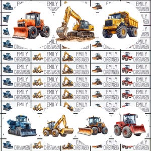 Op de afbeelding: Waterverfillustraties van bouwmachines, waaronder een bulldozer, een graafmachine en een dumper. De naam "EMILY CHRISTIANSEN" wordt herhaald in een rasterpatroon rond de voertuigen. De voertuigen zijn in tinten oranje, geel en blauw.