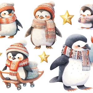 Könnte beinhalten: Fünf entzückende Pinguine, die Wintermützen und Schals tragen. Die Pinguine sind in verschiedenen Posen dargestellt, darunter einer, der auf einem Schlitten fährt, einer, der einen Fisch hält, und einer, der mit ausgebreiteten Flügeln steht. Der Hintergrund ist weiß mit goldenen Sternen.