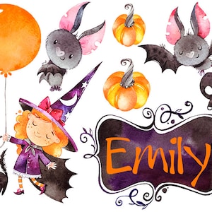 Könnte beinhalten: Eine Aquarell-Illustration einer Hexe mit orangefarbenem Haar, einem violetten Kleid und einem schwarzen Hut. Sie hält einen Ballon und einen Zauberstab. Es gibt auch Fledermäuse, Kürbisse und einen Schädel im Bild. Der Text "Emily" ist auf einem schwarzen Schild geschrieben.
