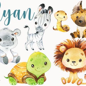 Könnte beinhalten: Eine Aquarell-Illustration eines niedlichen Safari-Tier-Themas mit einem Zebra, einem Löwen, einer Schildkröte, einer Schlange, einem Flusspferd und einer Hyäne. Der Text "Ryan" ist oben im Bild in Blau geschrieben.