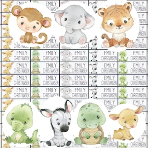 Puede incluir: Una hoja de etiquetas de nombre personalizadas con ilustraciones de acuarela de animales bebés, incluyendo un mono, un elefante, un tigre, una cebra, una tortuga y una jirafa. Cada etiqueta incluye el nombre "EMILY CHRISTIANSEN".