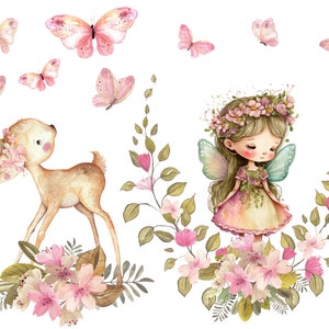 kleine Fee, Reh, Blumen, Schmetterling, Bügelbild, Sticker, Aufnäher, Blumen Bügelbild, DIY T Shirt, Wandsticker, Flock, Dunkler Stoff