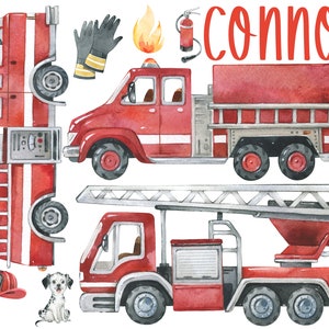 Könnte beinhalten: Aquarell-Illustration eines roten Feuerwehrautos mit einer Leiter, einem Dalmatiner, einer Feuerwehrhaube und dem Namen "Connor".