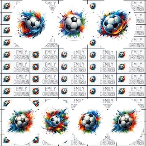 May include: A series of personalised labels with a football design and vibrant paint splashes. Each label displays the name "EMILY CHRISTIANSEN" in black text. The labels are arranged in a grid on a white background.