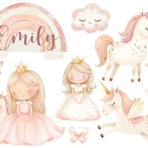 Könnte beinhalten: Aquarell-Illustration mit einem Regenbogenbogen und dem Namen "Emily". Das Bild zeigt eine Prinzessin, Einhörner, Schmetterlinge, Sterne und eine Wolke, alles in sanften Pastellfarben. Das Gesamtthema ist skurril und märchenhaft.