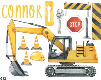 Construction site, excavator iron-on transfer, personalized, crane, tractor, vinyl sticker or fabric patch, transfer for light and dark textiles, DIY T-shirt