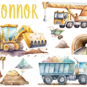 Könnte beinhalten: Eine Aquarell-Illustration von Baufahrzeugen und -geräten, darunter ein gelber Bagger, ein gelber Kranwagen, ein blauer Kipplaster, ein Tunnel und ein Erdhaufen. Das Wort "Connor" ist oben im Bild in Gelb geschrieben.