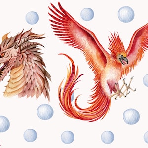 Könnte beinhalten: Eine Aquarell-Illustration eines roten Phönix mit ausgebreiteten Flügeln und einem roten Drachenkopf vor weißem Hintergrund. Das Bild hat einen verspielten Charakter und ist von blauen Kreisen umgeben.