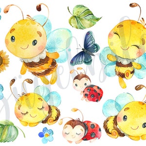 Könnte beinhalten: Aquarell-Illustration von niedlichen Cartoon-Bienen und Marienkäfern. Die Bienen haben gelbe Körper, schwarze Streifen und blaue Flügel. Die Marienkäfer sind rot mit schwarzen Punkten. Es gibt auch blaue Blumen, eine Sonnenblume und ein grünes Blatt.