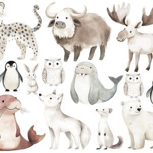 Könnte beinhalten: Aquarell-Illustration mit einer Vielzahl von Tieren, darunter ein Schneeleopard, ein Büffel, ein Elch, eine Robbe, ein Eisbär, ein Fuchs, eine Eule, ein Pinguin und ein Kaninchen. Die Tiere sind alle in einem skurrilen Stil mit weichen, gedeckten Farben dargestellt.