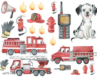 Vinyl sticker fire brigade, Dalmatian dog, fire engine, vehicle, fire, car, sticker for car, sticker boy girl washable, books,