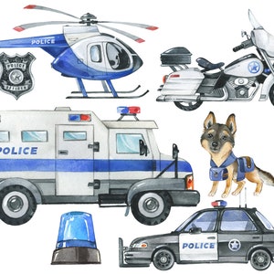 Könnte beinhalten: Aquarell-Illustration eines Polizeimottivs. Das Set enthält ein Polizeiauto, einen Polizeiwagen, ein Polizeimotorrad, einen Polizeihubschrauber, einen Polizeihund und eine Polizeisirene. Die Illustration ist im Cartoon-Stil gehalten und eignet sich perfekt für ein Kinderbuch oder ein Bastelprojekt.