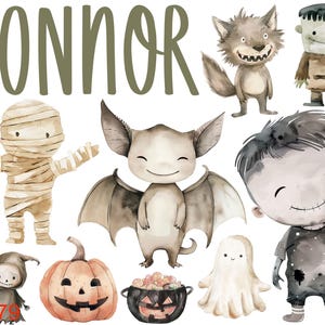 Könnte beinhalten: Aquarellillustrationen von Halloween-Charakteren, darunter eine Mumie, eine Fledermaus, ein Wolf, Frankensteins Monster, ein Zombie-Junge, ein Geist, der Sensenmann, ein Kürbis und ein Kessel mit Süßigkeiten. Der Name "Connor" steht darüber.
