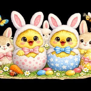 May include: An Easter-themed illustration featuring two yellow chicks wearing bunny ear bonnets, emerging from decorated eggs. Rabbits, butterflies, bees, and Easter eggs are also present, set against a black background. The image has a whimsical, cartoonish style.