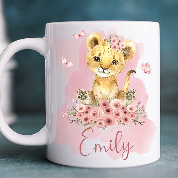 Löwe Tasse, Boho Tasse, Blumen Tasse,  Kunststofftasse oder Emaille Becher mit Wunschname, Tasse personalisiert, Geschenk