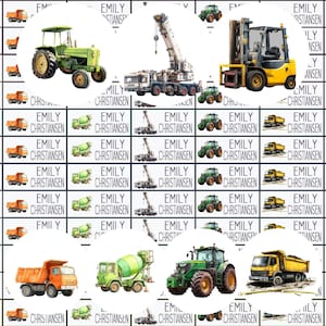 Op de afbeelding: Een verzameling aquarel illustraties met diverse bouwmachines, waaronder tractoren, dumper trucks en een vorkheftruck. Elk voertuig is gedetailleerd afgebeeld, met een witte achtergrond en de naam "EMILY CHRISTIANSEN" op elk label.